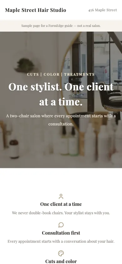 The example page at phone width: the salon name, the headline, and three short selling points stacked vertically