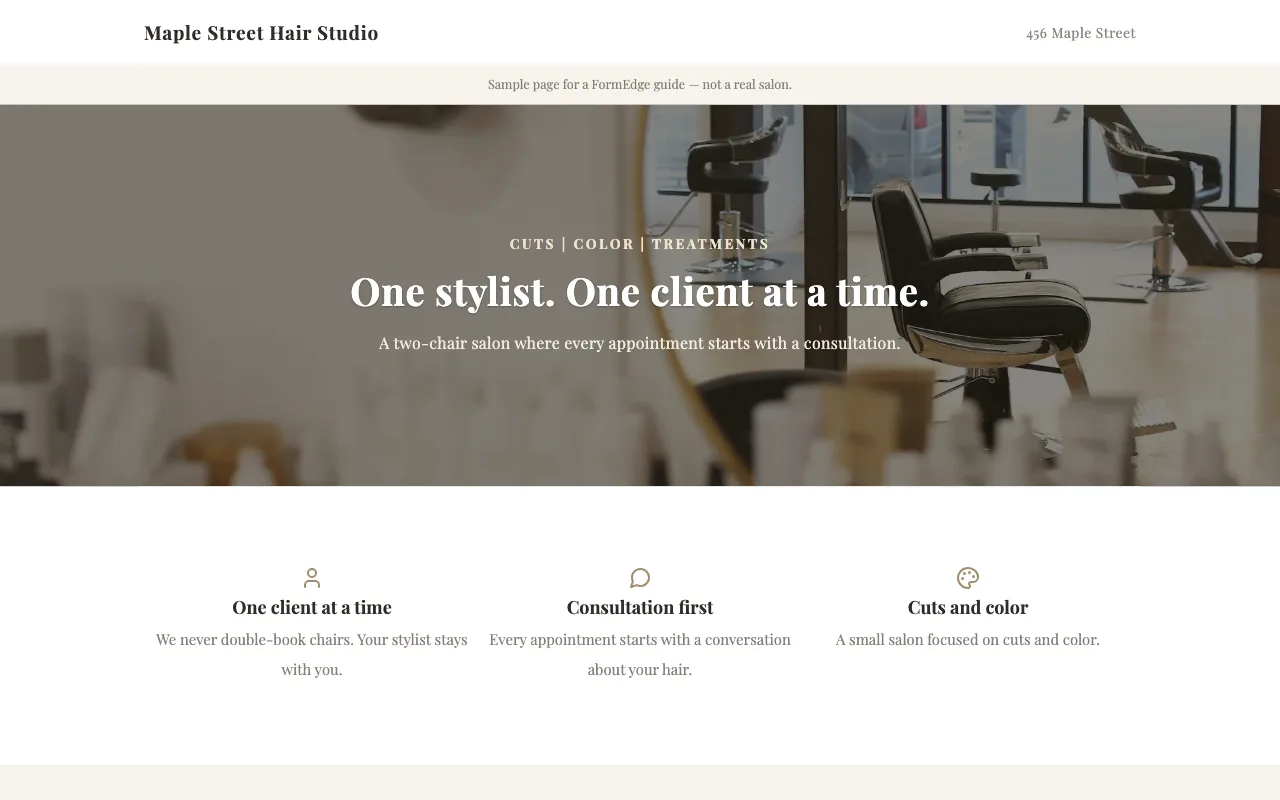 The published example page on a desktop: a headline over a photo of a salon interior, followed by three selling points