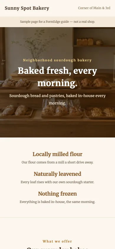 The example page at phone width: the shop name, the headline, and three short selling points stacked vertically