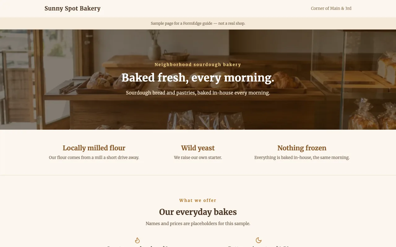 The published example page on a desktop: a headline over a photo of a bakery interior, followed by selling points and a menu