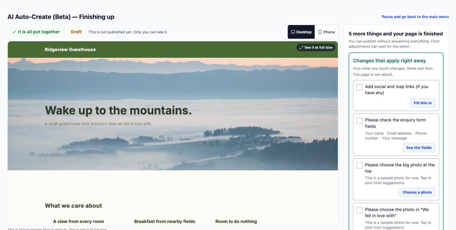 The AI Auto-Create finishing screen. A preview of a guesthouse page headed “Wake up to the mountains.” sits on the left, with a checklist of remaining touches on the right