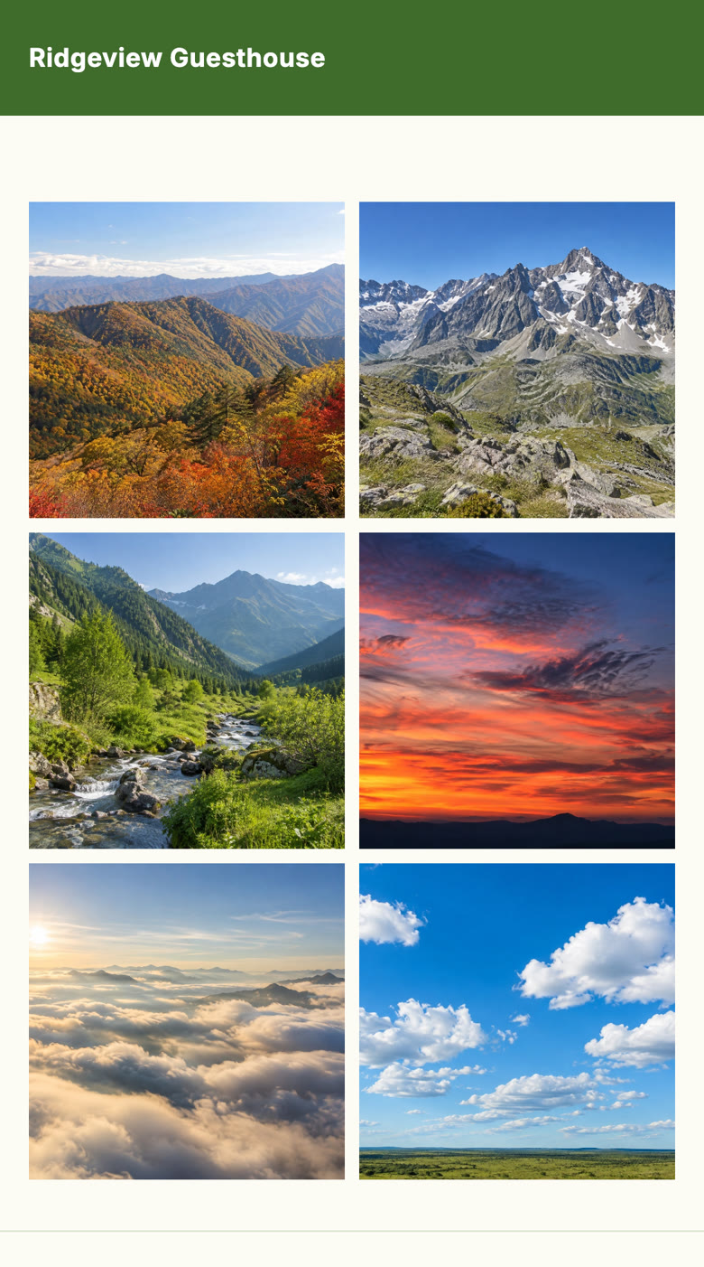 A guesthouse website on a phone, with Instagram photos of mountains and a sea of clouds laid out in a two-column grid